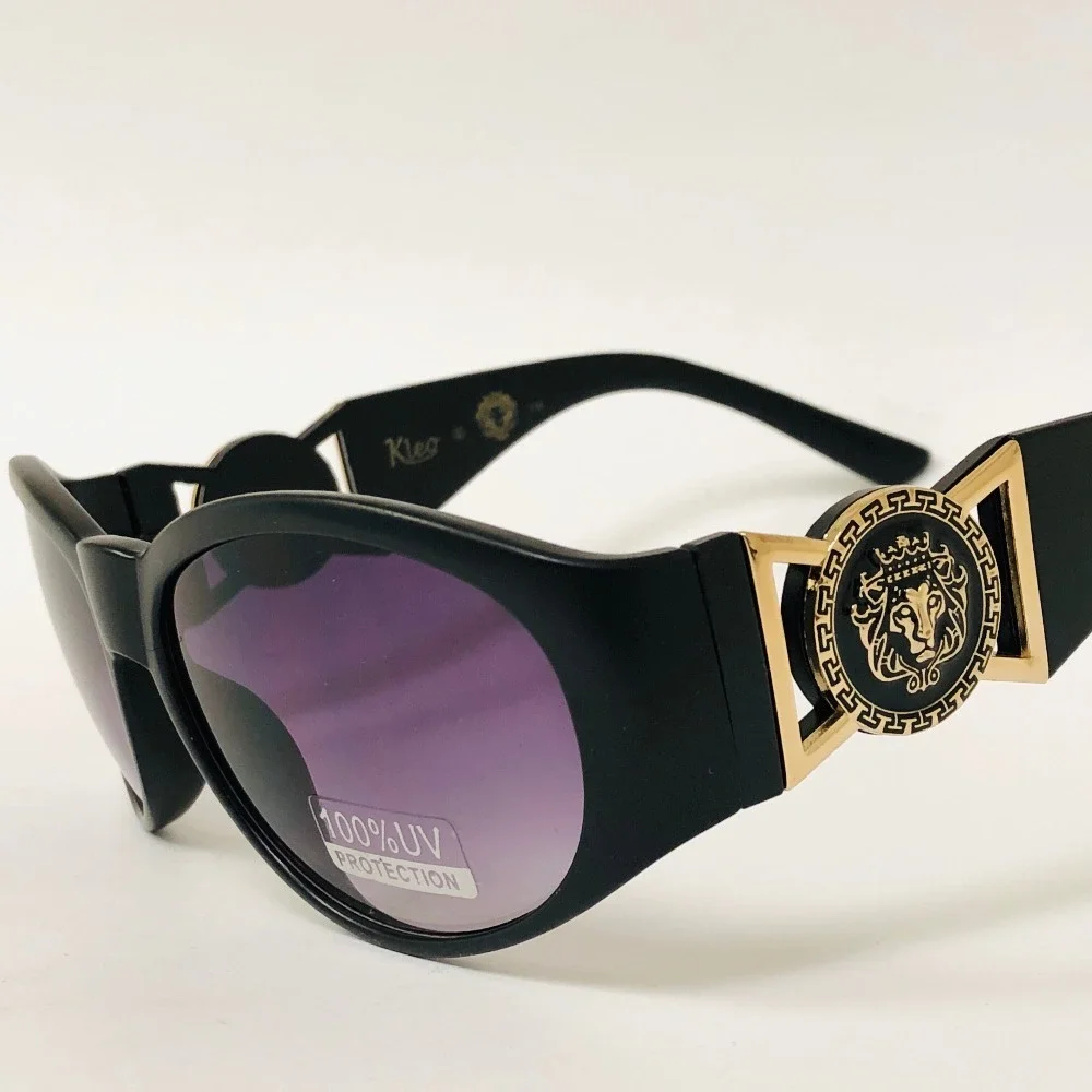 Kleo Sunglasses Black Lens Gold Accent Oval Frame‎ Fashion Shades Trendy Classic